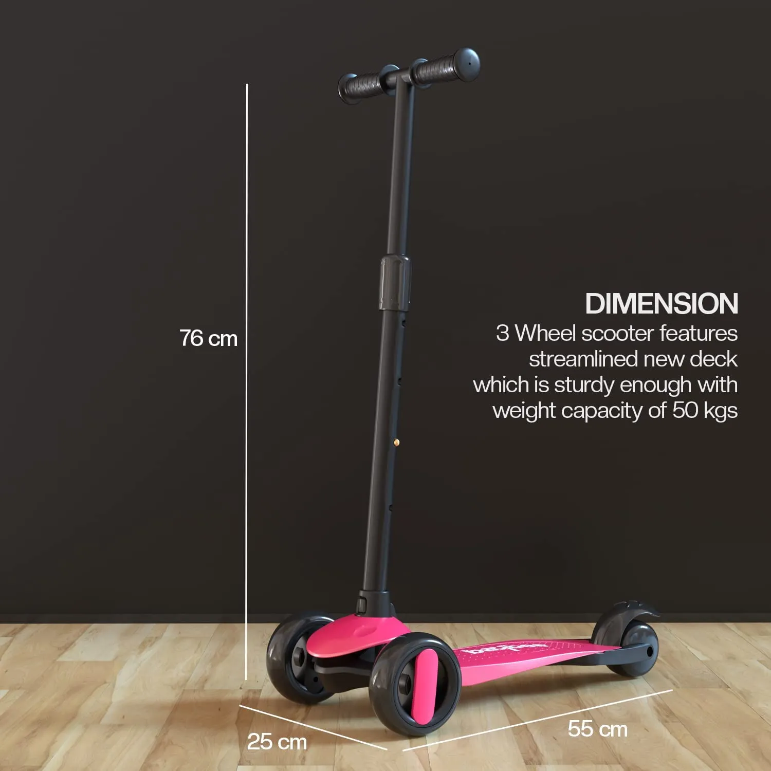 Baybee Alpha Kick Scooter for Kids, Smart 3 Wheel Kids Scooter with 4 Height Adjustable Handle, Runner Scooter with Led PU Wheels & Brake, Skate Scooter for Kids 3 to 10 Years Boys Girls (Pink)