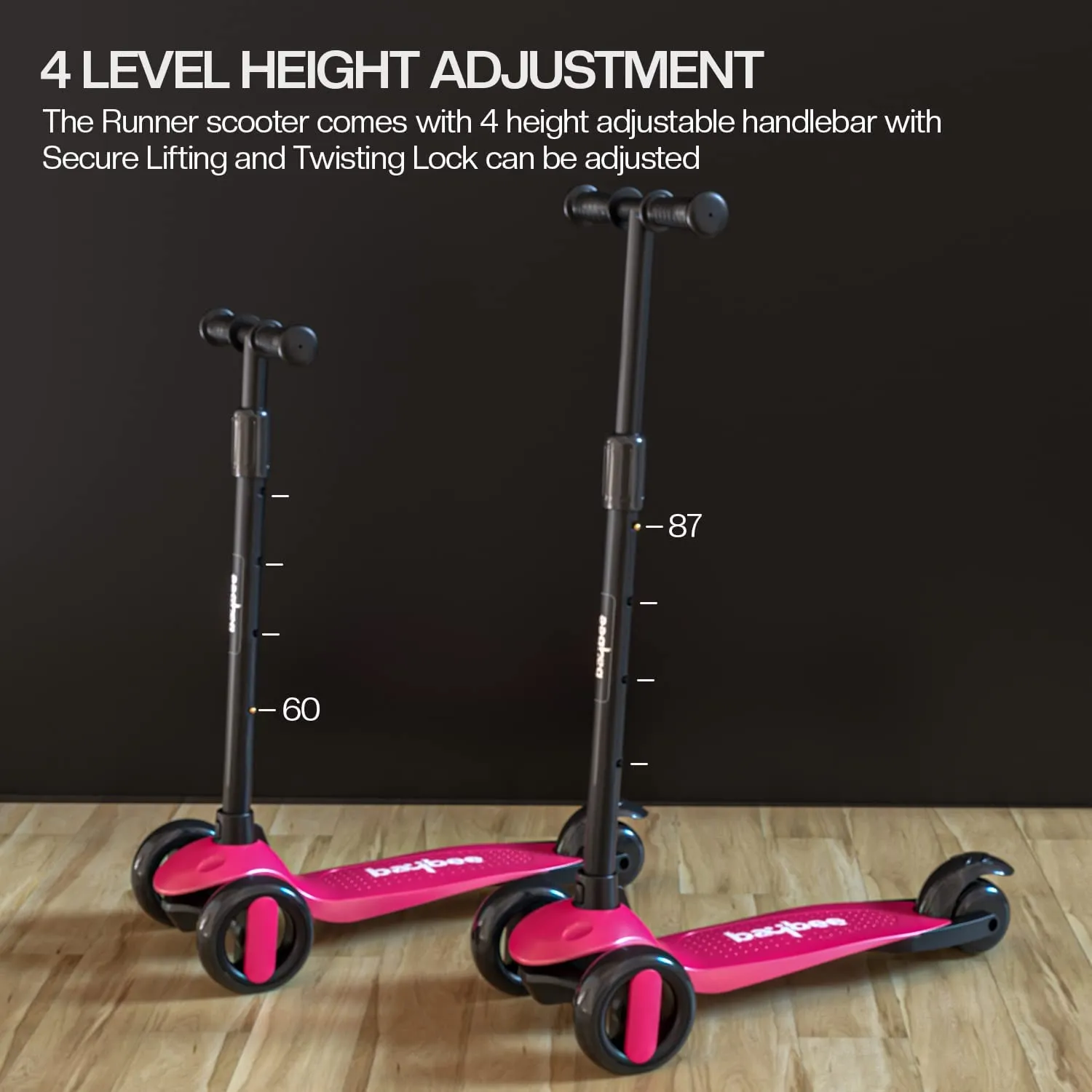 Baybee Alpha Kick Scooter for Kids, Smart 3 Wheel Kids Scooter with 4 Height Adjustable Handle, Runner Scooter with Led PU Wheels & Brake, Skate Scooter for Kids 3 to 10 Years Boys Girls (Pink)