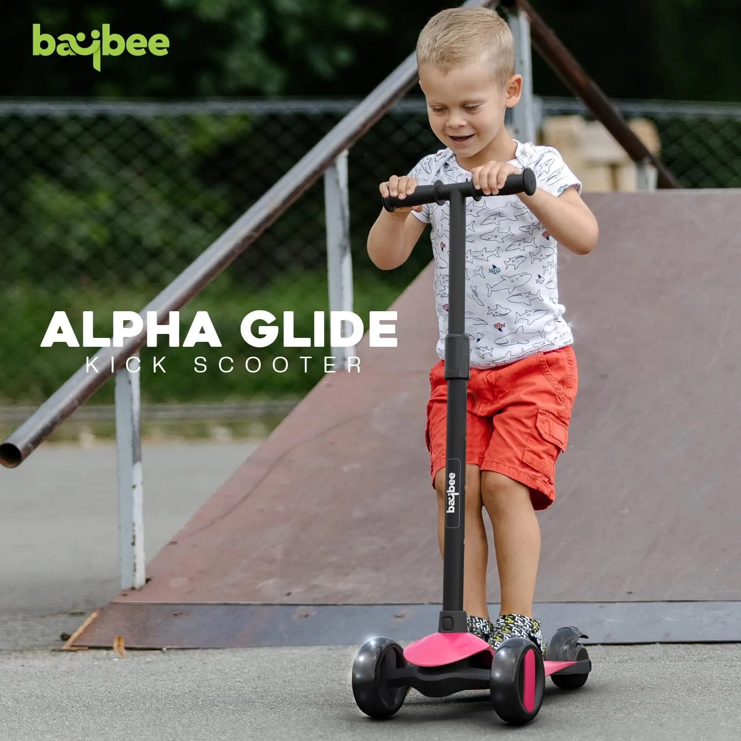 Baybee Alpha Kick Scooter for Kids, Smart 3 Wheel Kids Scooter with 4 Height Adjustable Handle, Runner Scooter with Led PU Wheels & Brake, Skate Scooter for Kids 3 to 10 Years Boys Girls (Pink)