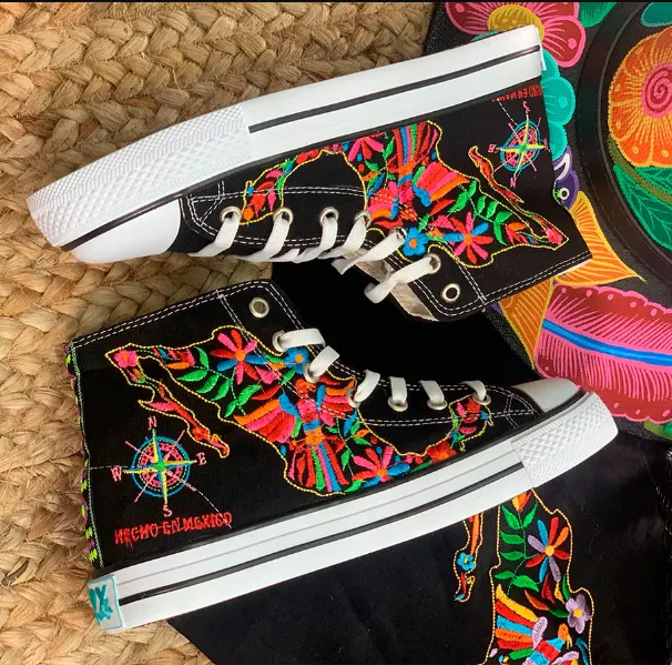 Mexican Otomi Art Embroidered Hi-Top Sneakers (Black)
