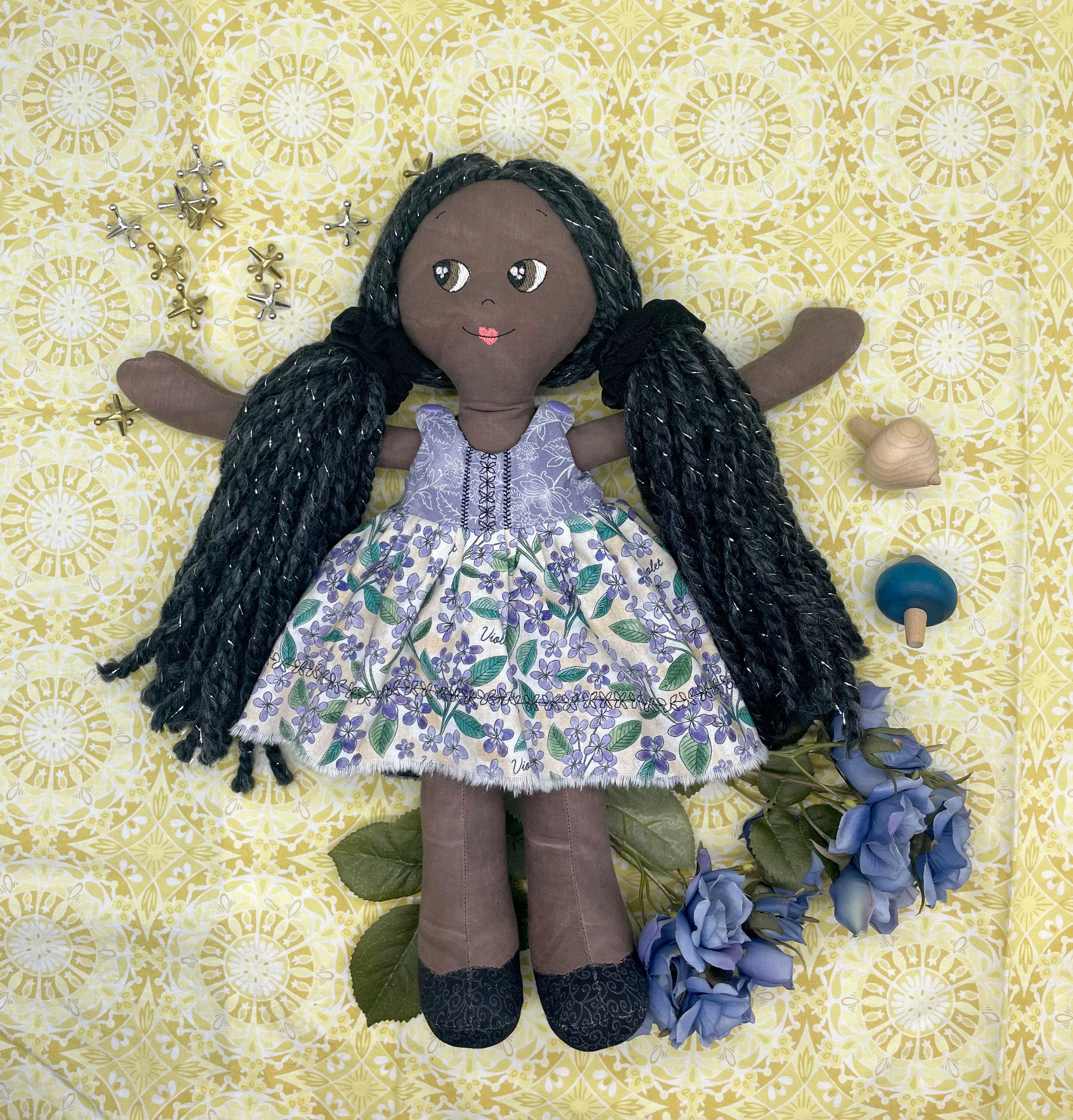 REVERSIBLE DRESS, Handmade Doll, "EFIE", handmade gift, cloth doll, black doll, diverse doll, heirloom doll, Brown Muslin, tinsel, sparkle