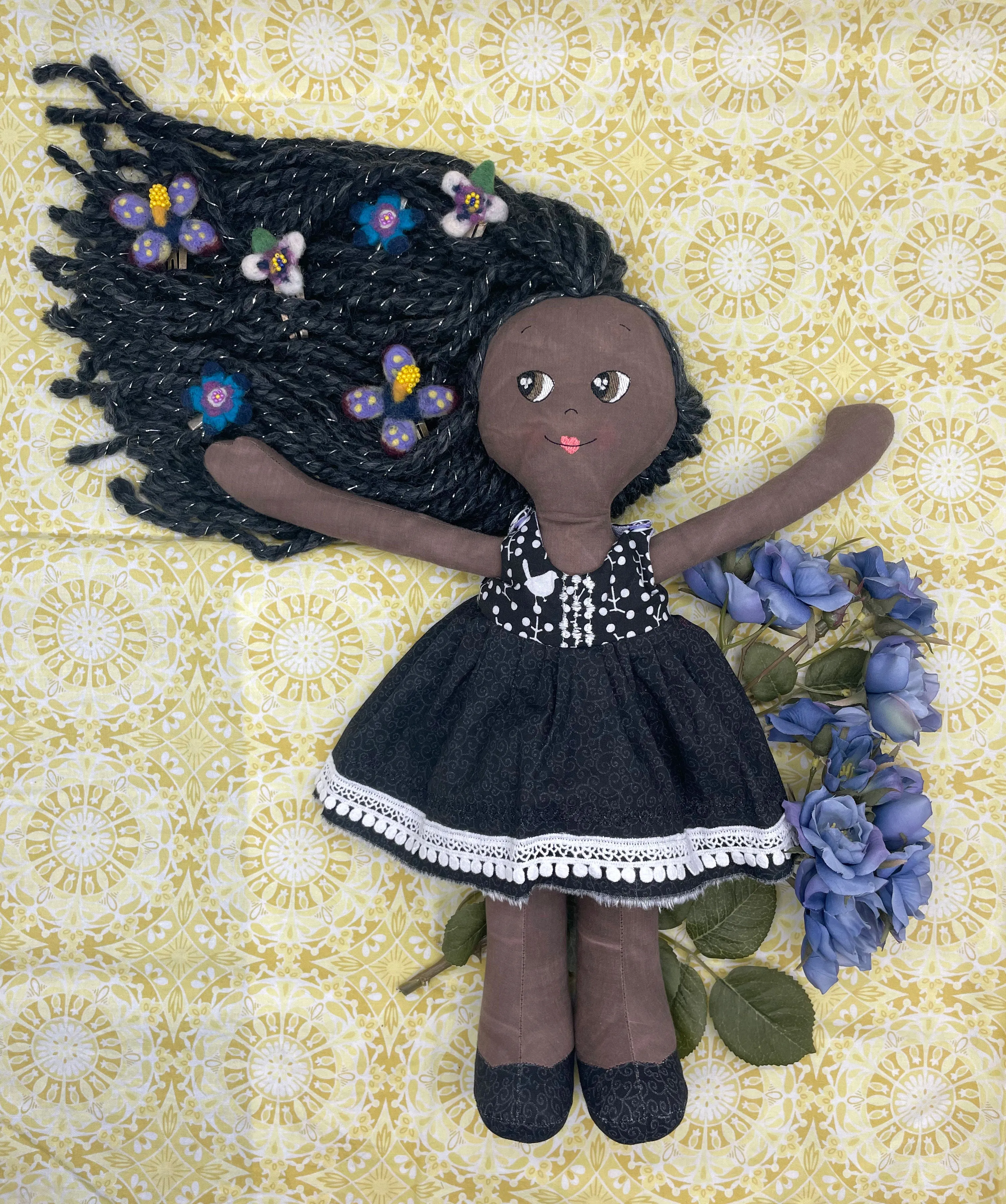REVERSIBLE DRESS, Handmade Doll, "EFIE", handmade gift, cloth doll, black doll, diverse doll, heirloom doll, Brown Muslin, tinsel, sparkle