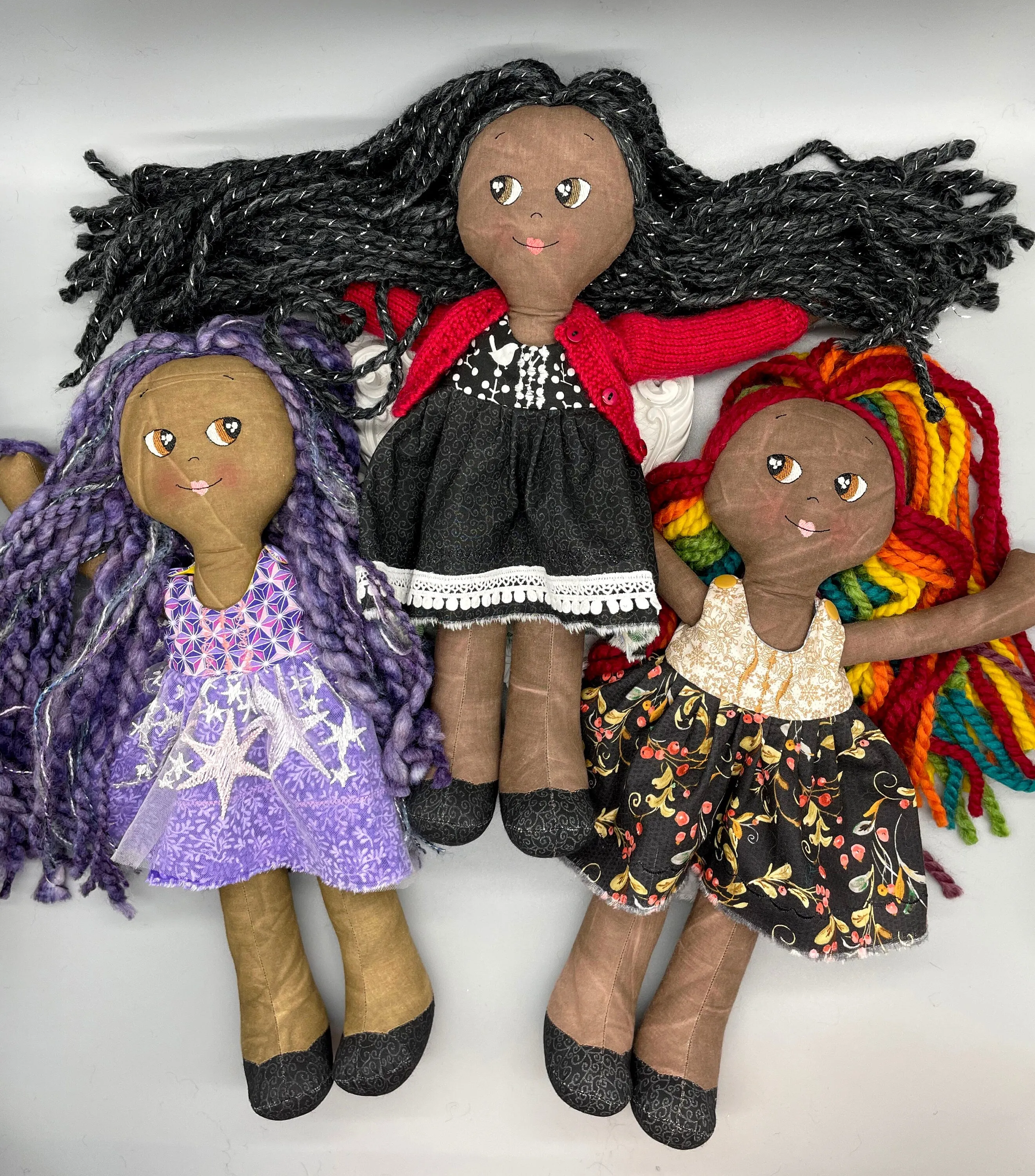 REVERSIBLE DRESS, Handmade Doll, "FLOR", handmade gift, pride doll, rainbow doll, black doll, diverse doll, heirloom doll, Brown Muslin