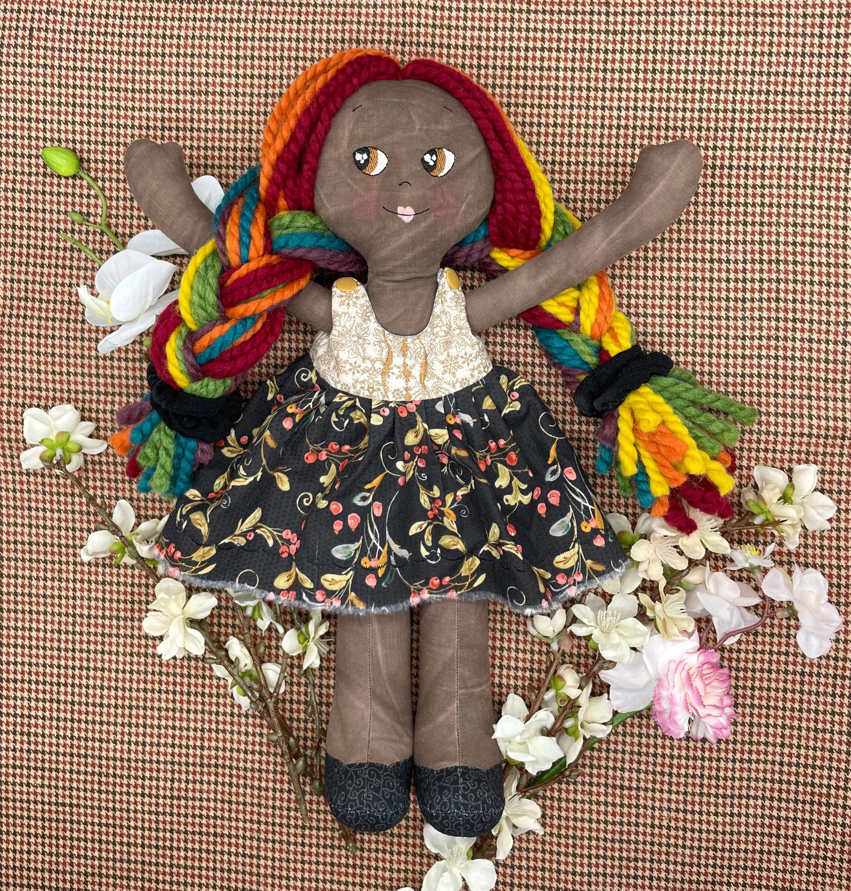 REVERSIBLE DRESS, Handmade Doll, "FLOR", handmade gift, pride doll, rainbow doll, black doll, diverse doll, heirloom doll, Brown Muslin