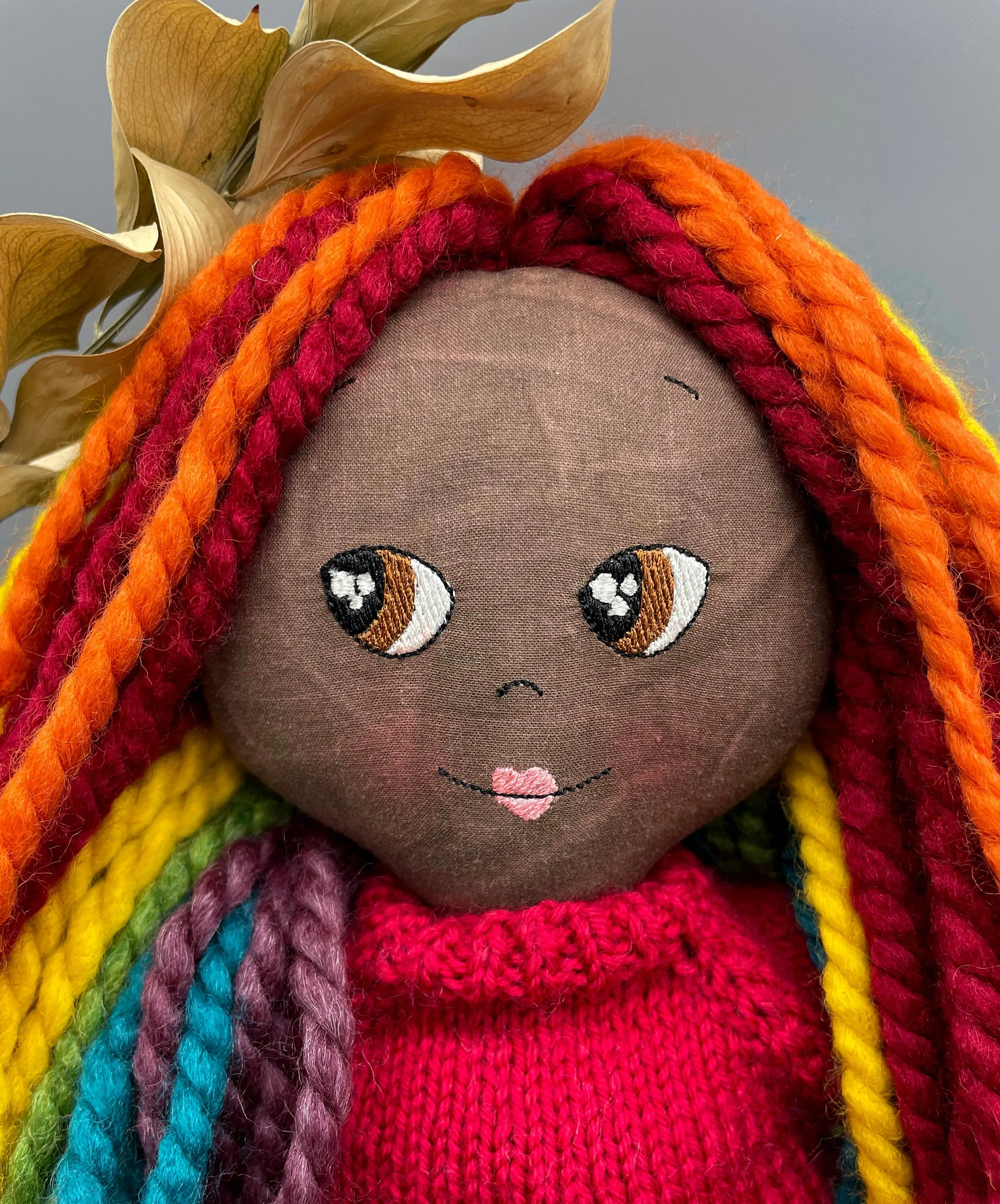 REVERSIBLE DRESS, Handmade Doll, "FLOR", handmade gift, pride doll, rainbow doll, black doll, diverse doll, heirloom doll, Brown Muslin