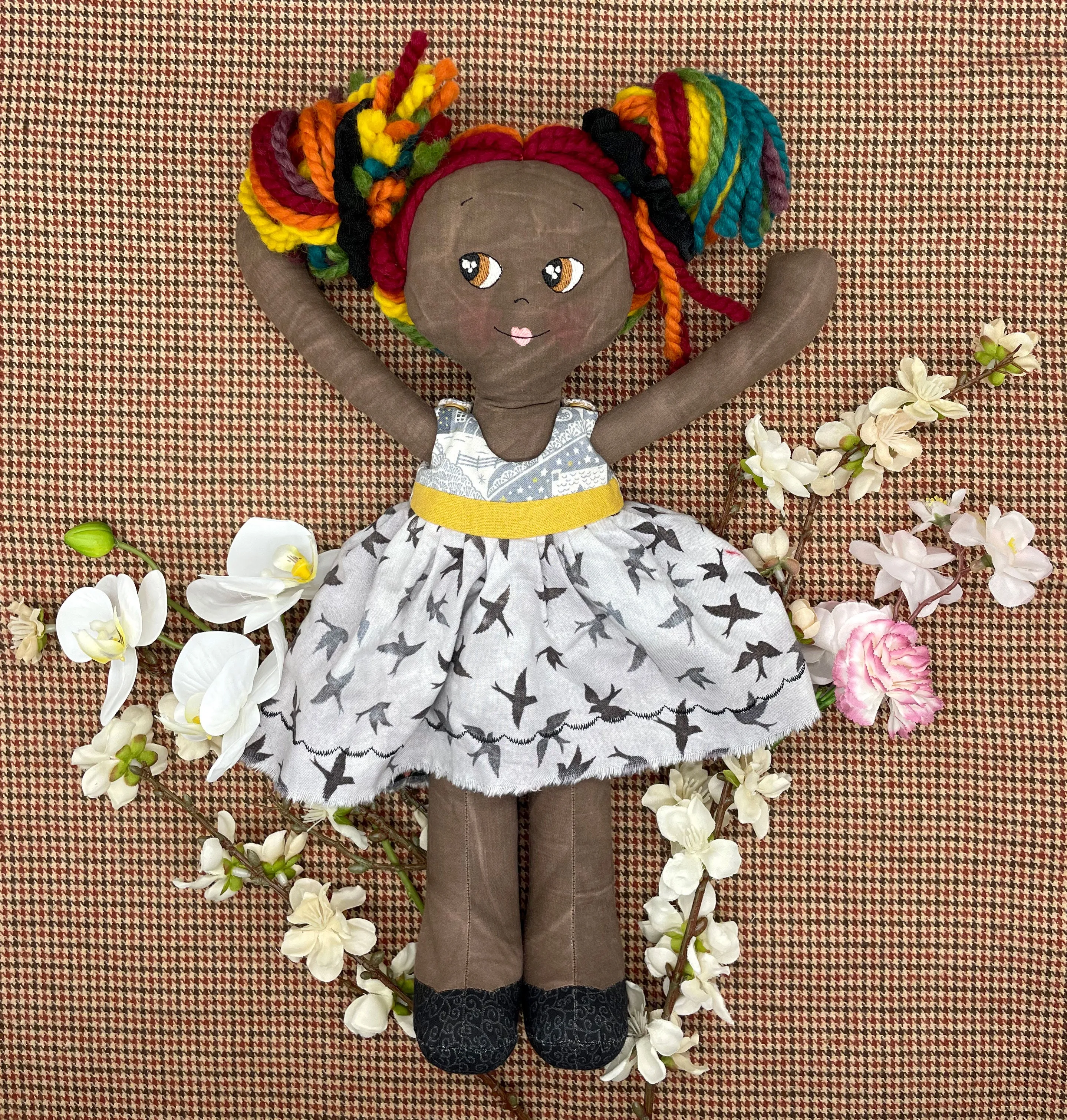 REVERSIBLE DRESS, Handmade Doll, "FLOR", handmade gift, pride doll, rainbow doll, black doll, diverse doll, heirloom doll, Brown Muslin