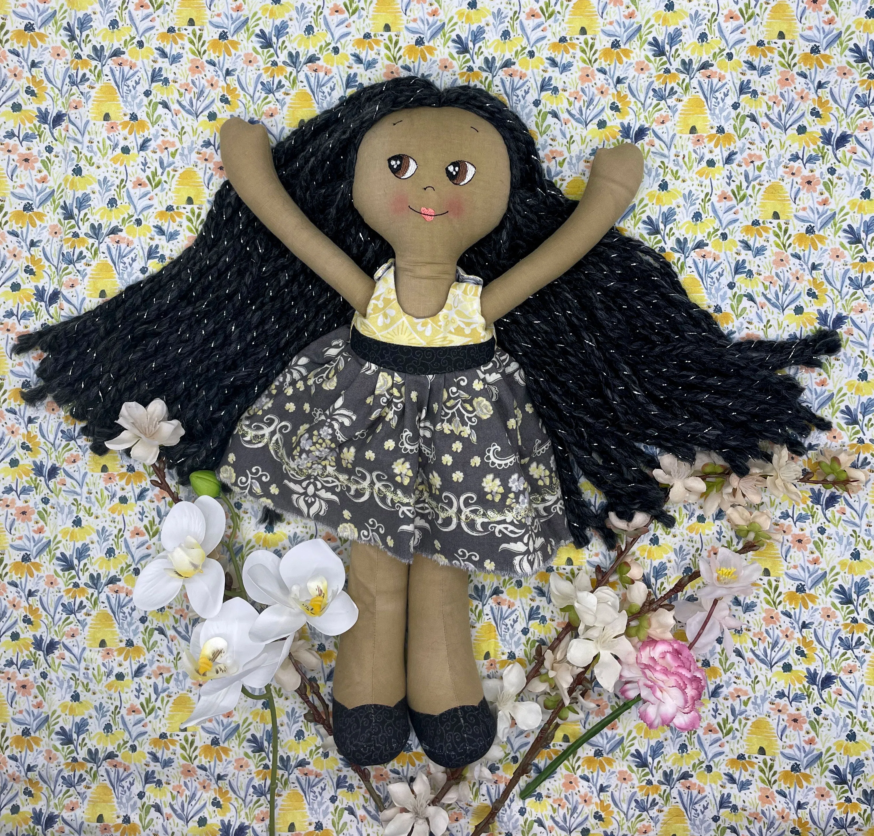 REVERSIBLE DRESS, Handmade Doll, "HATTIE", handmade gift, cloth doll, fabric doll, black doll, diverse doll, heirloom doll, Brown Muslin
