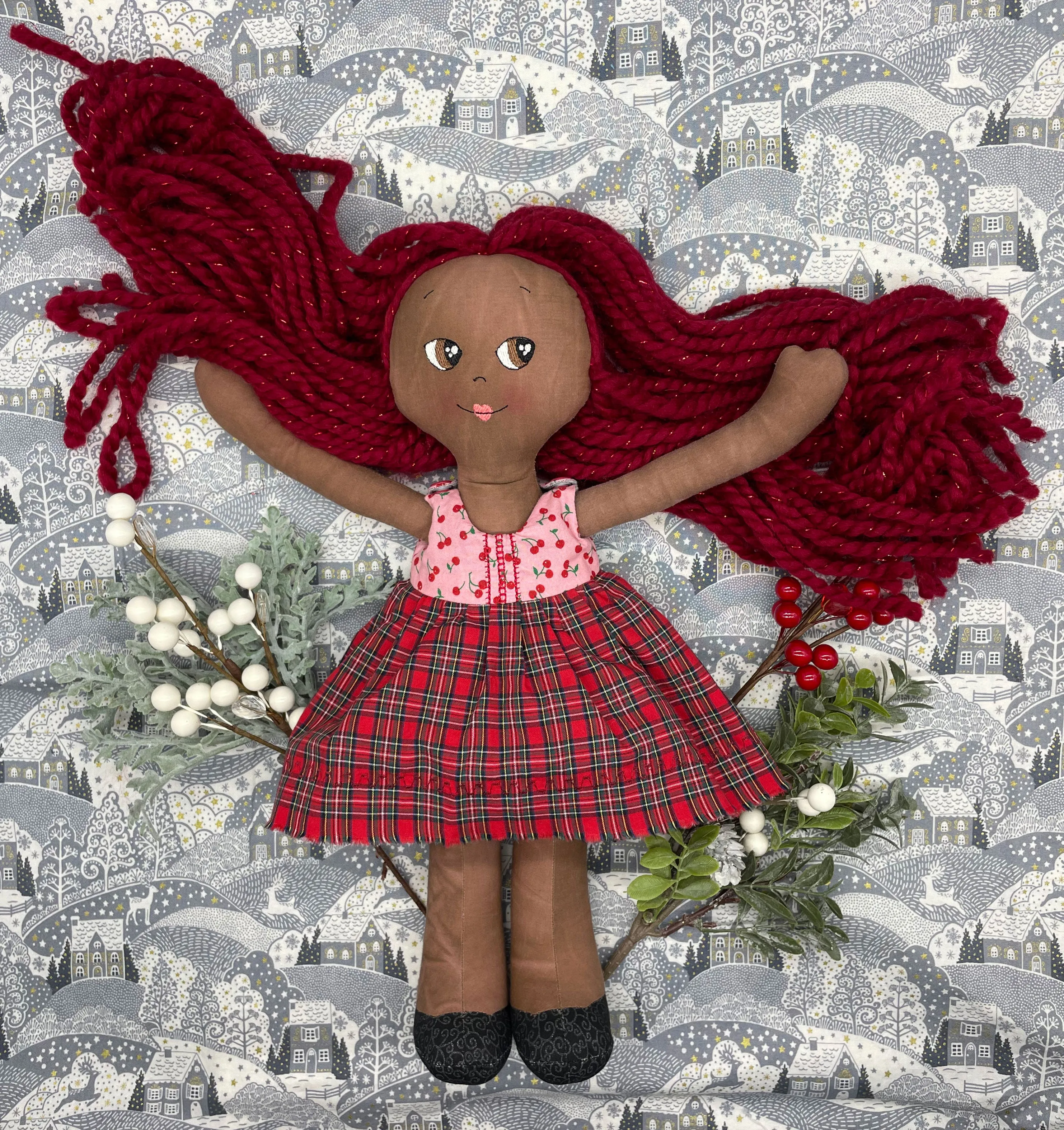 REVERSIBLE DRESS, Handmade Doll, "ISOLDE", handmade gift, cloth doll, fabric doll, black doll, diverse doll, heirloom doll, Brown Muslin