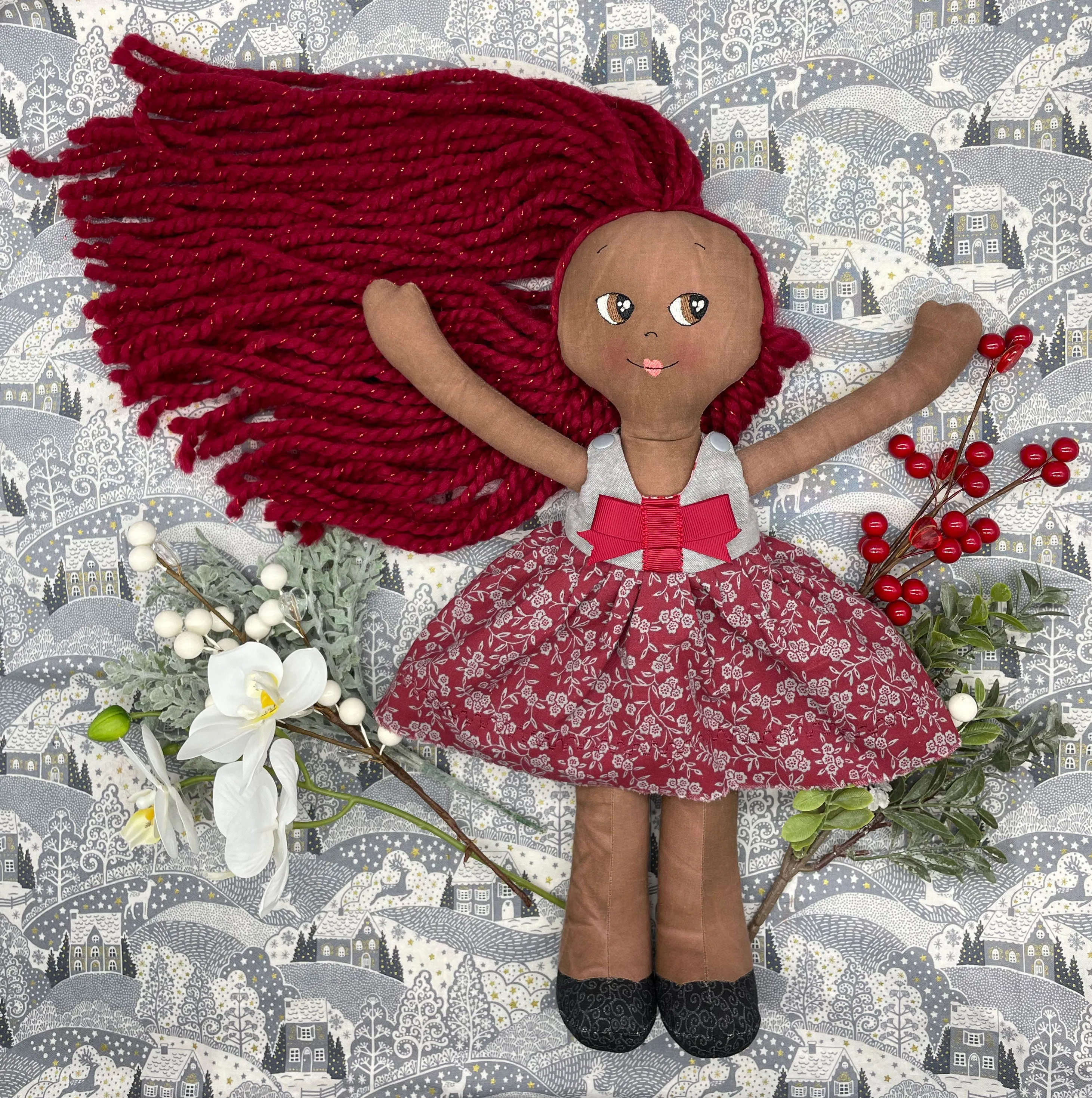 REVERSIBLE DRESS, Handmade Doll, "ISOLDE", handmade gift, cloth doll, fabric doll, black doll, diverse doll, heirloom doll, Brown Muslin