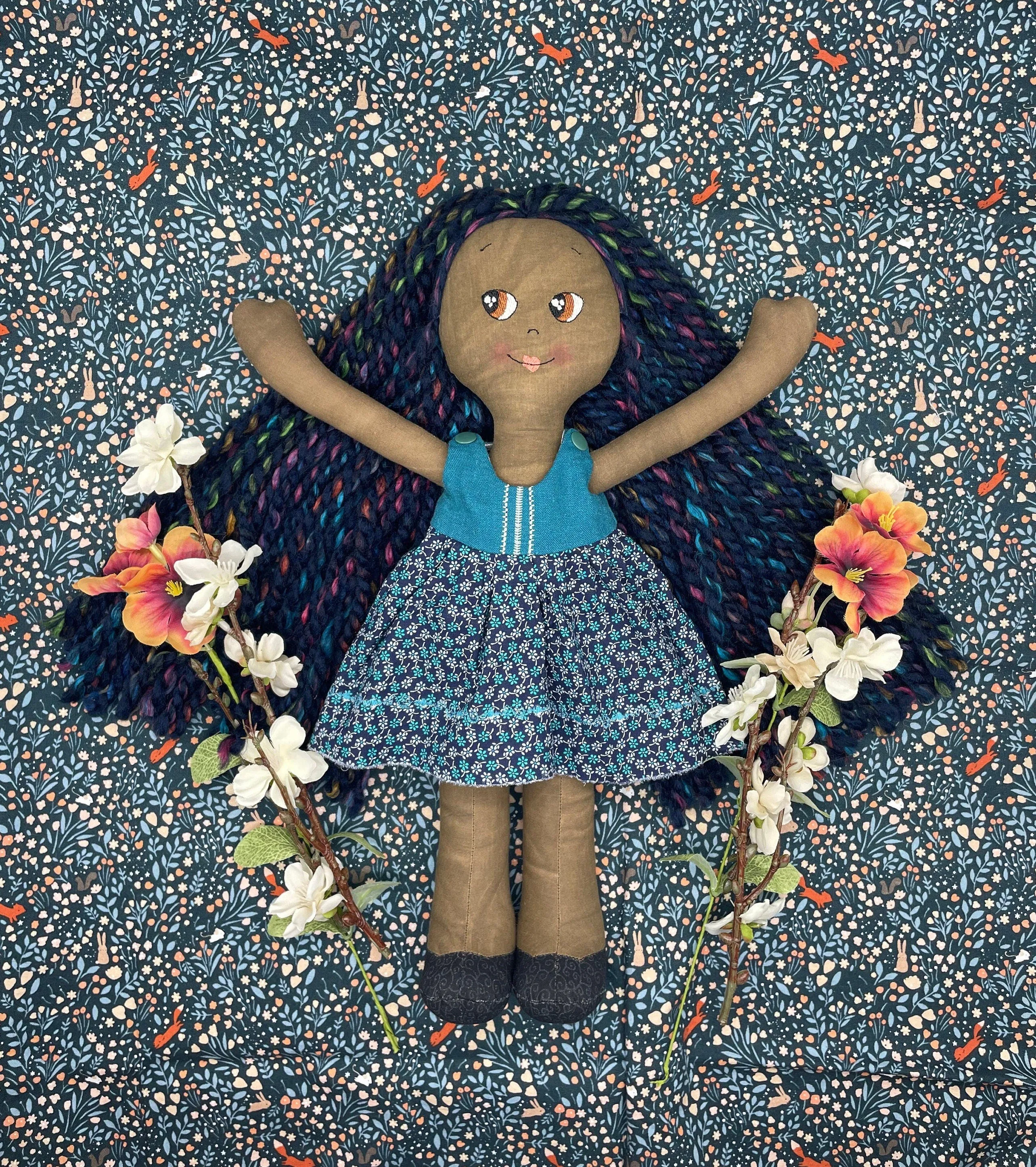 REVERSIBLE DRESS, Handmade Doll, "JOSIE", handmade gift, cloth doll, fabric doll, black doll, diverse doll, heirloom doll, Brown Muslin