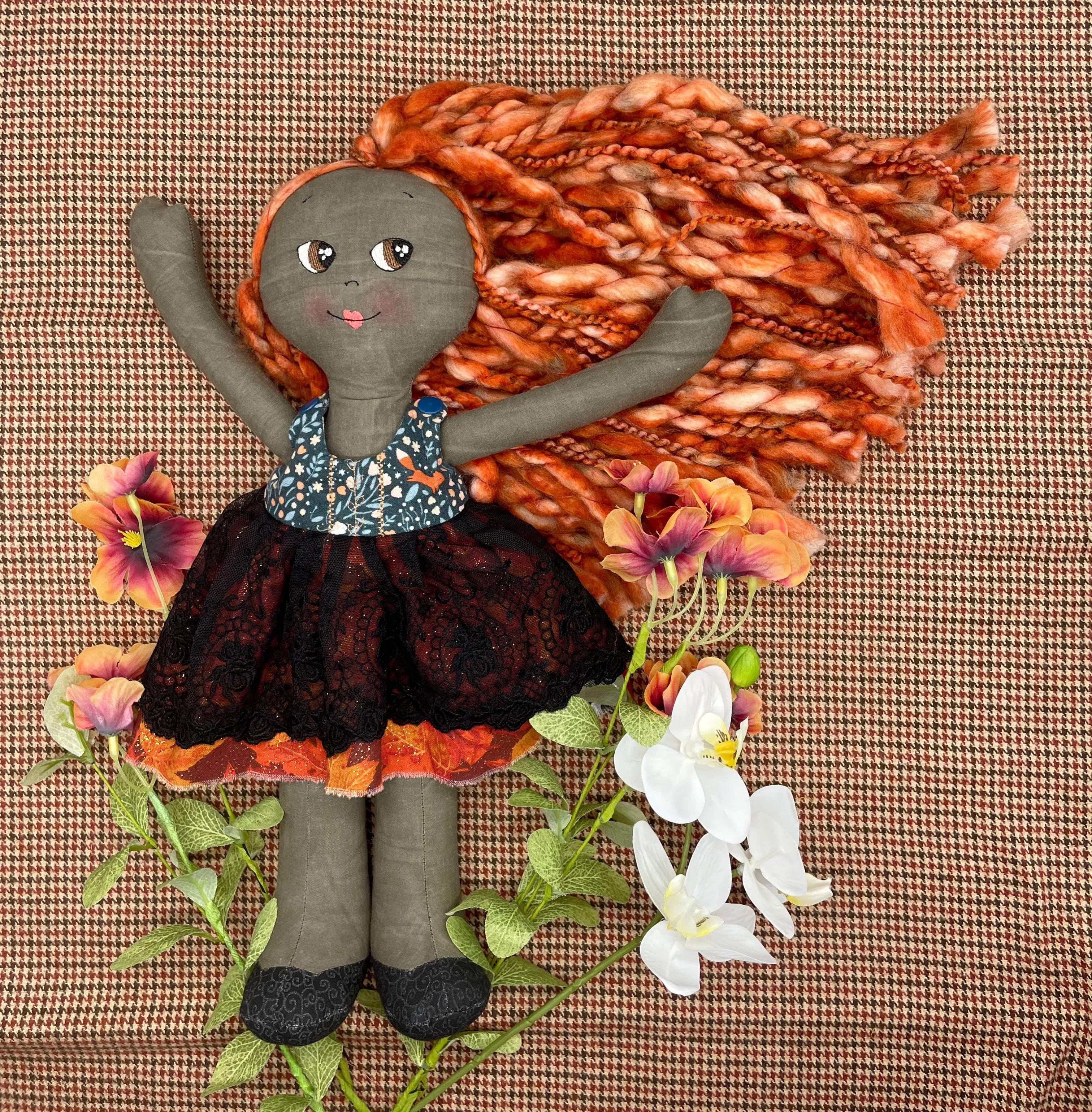 REVERSIBLE DRESS, Handmade Doll, "LARRY", handmade gift, cloth doll, fabric doll, black doll, diverse doll, heirloom doll, Brown Muslin