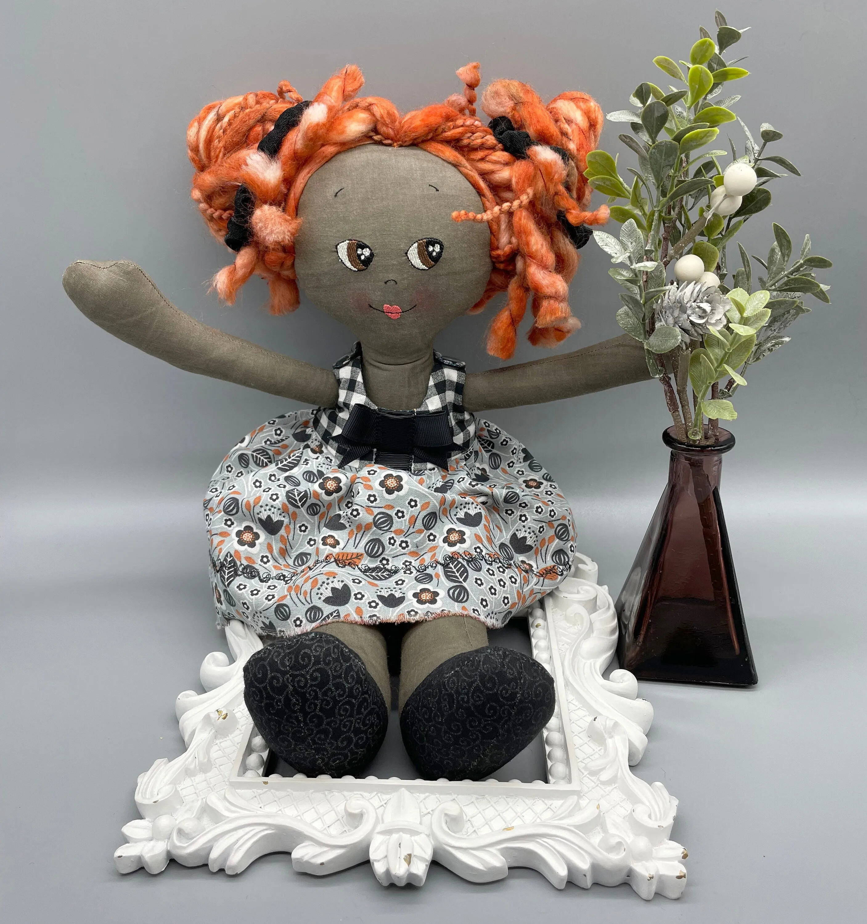 REVERSIBLE DRESS, Handmade Doll, "LARRY", handmade gift, cloth doll, fabric doll, black doll, diverse doll, heirloom doll, Brown Muslin