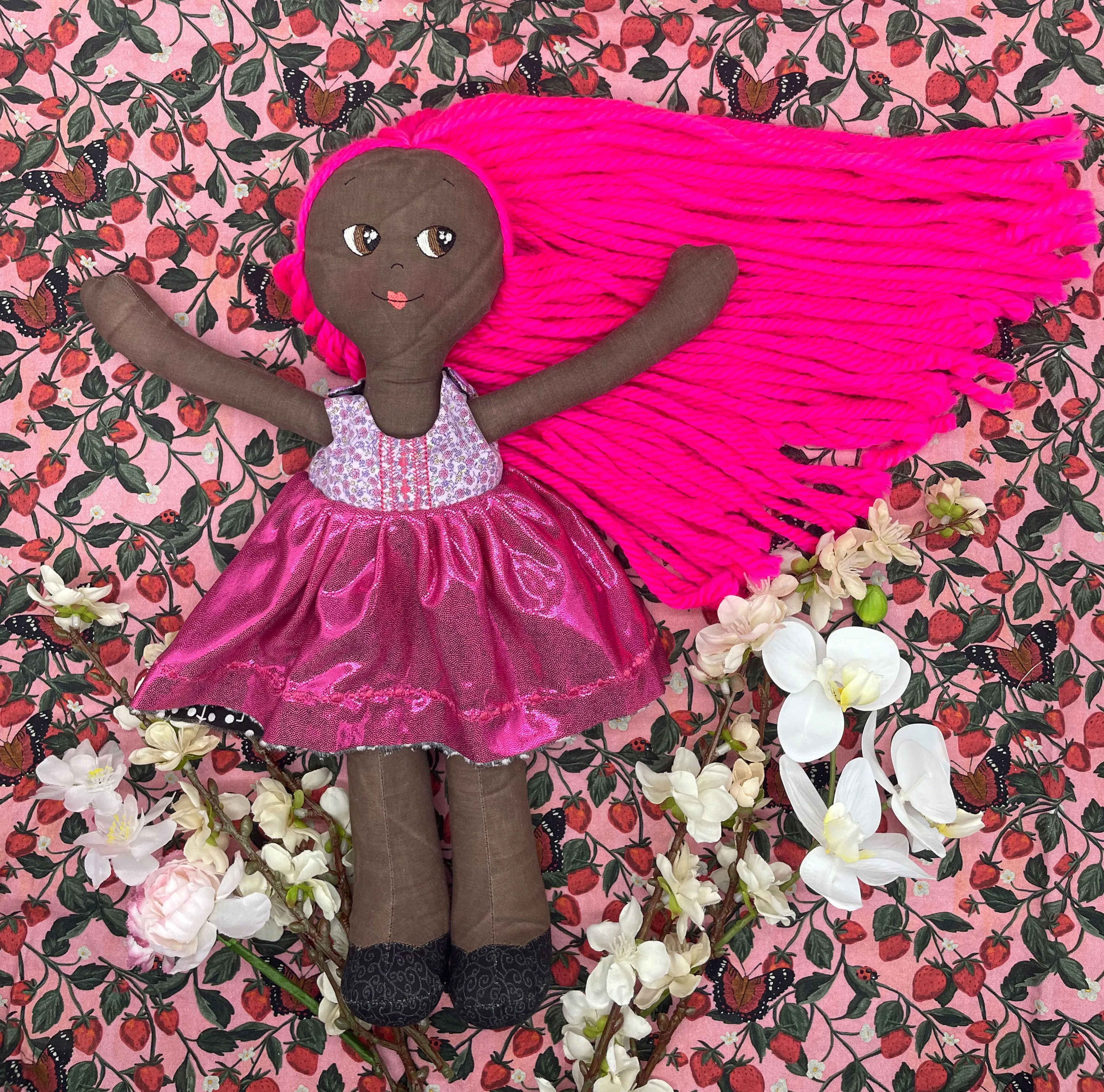 REVERSIBLE DRESS, Handmade Doll, "MILLY", handmade gift, hot pink, fabric doll, black doll, diverse doll, heirloom doll, Brown Muslin
