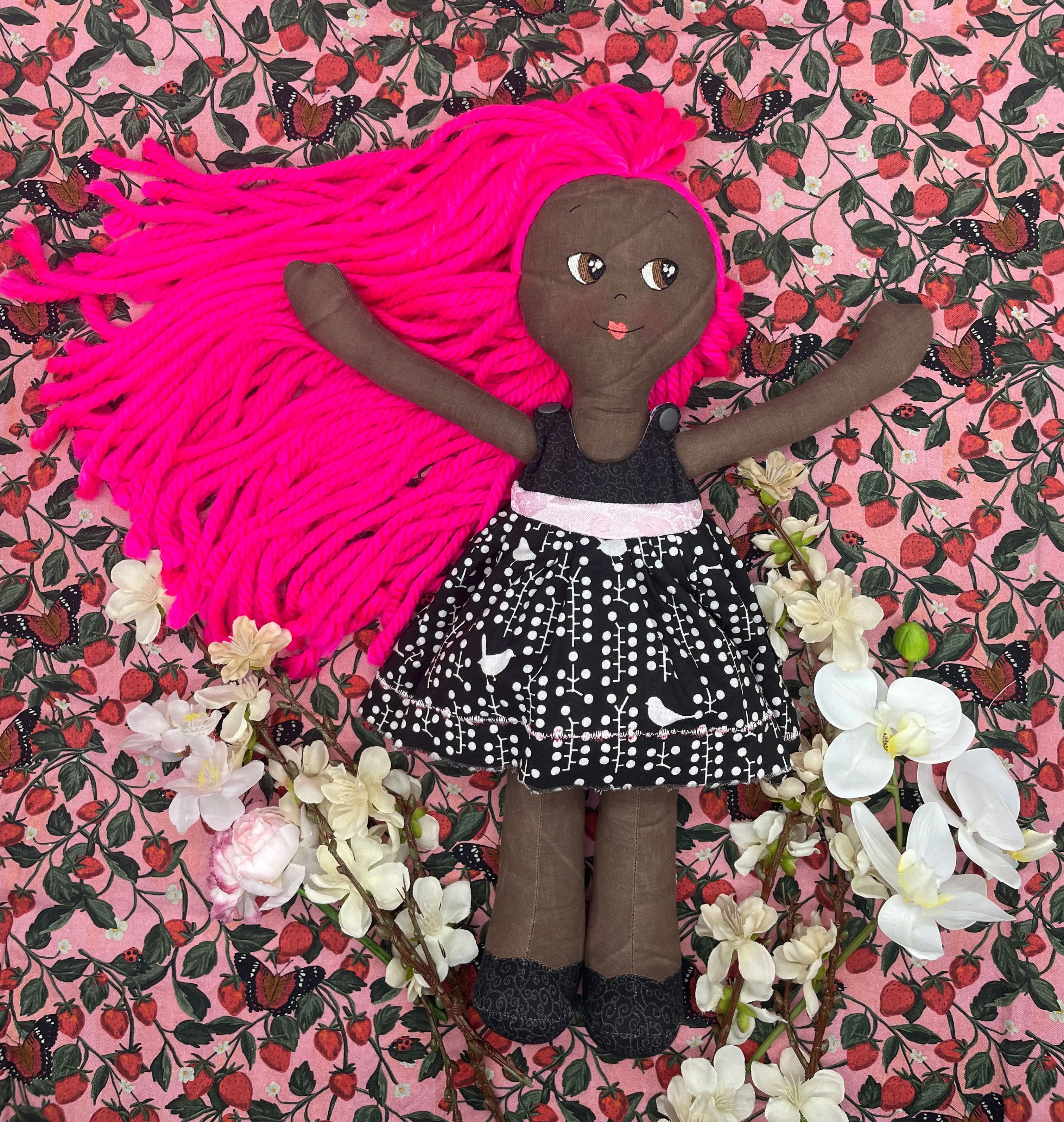 REVERSIBLE DRESS, Handmade Doll, "MILLY", handmade gift, hot pink, fabric doll, black doll, diverse doll, heirloom doll, Brown Muslin