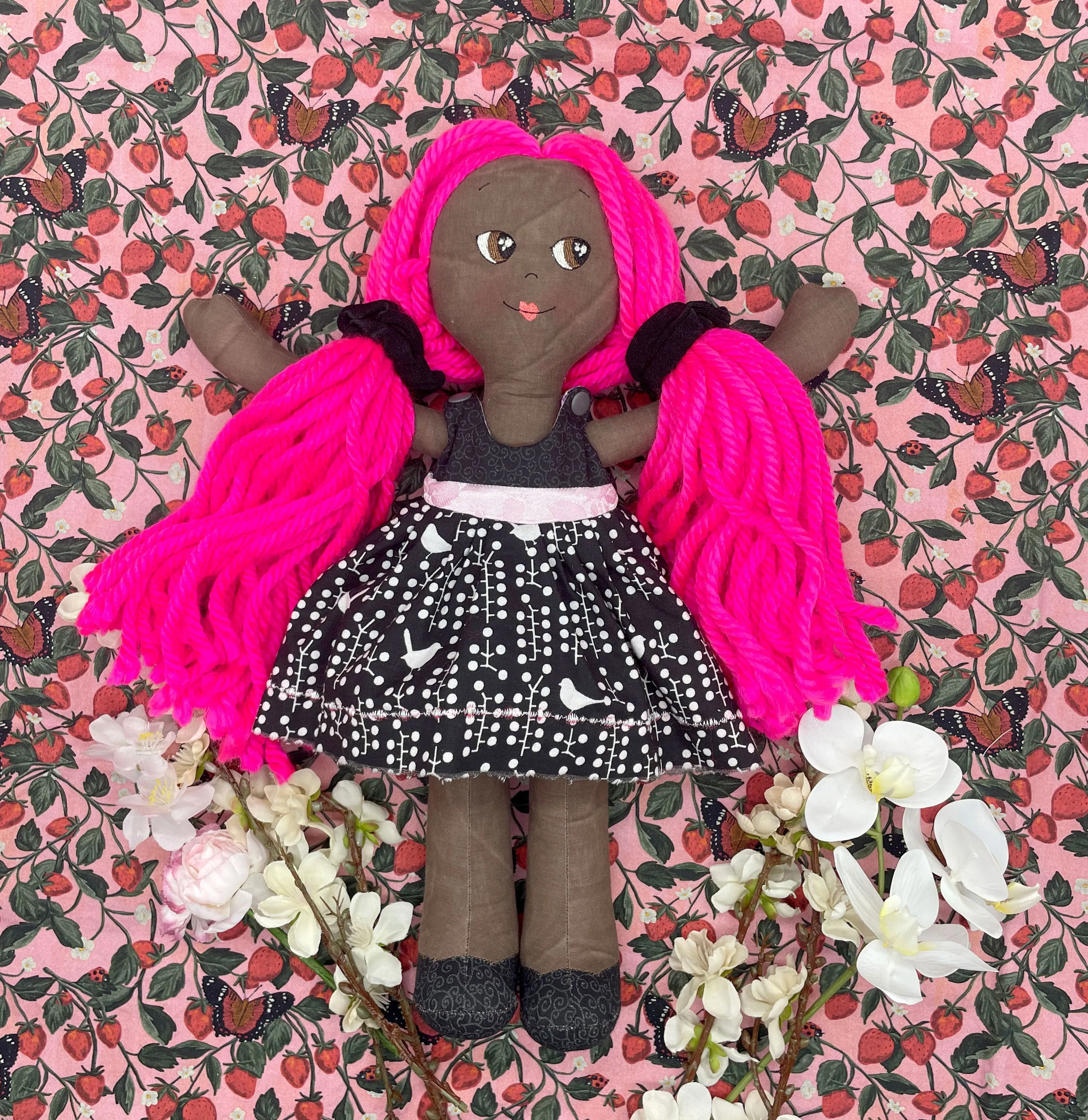 REVERSIBLE DRESS, Handmade Doll, "MILLY", handmade gift, hot pink, fabric doll, black doll, diverse doll, heirloom doll, Brown Muslin