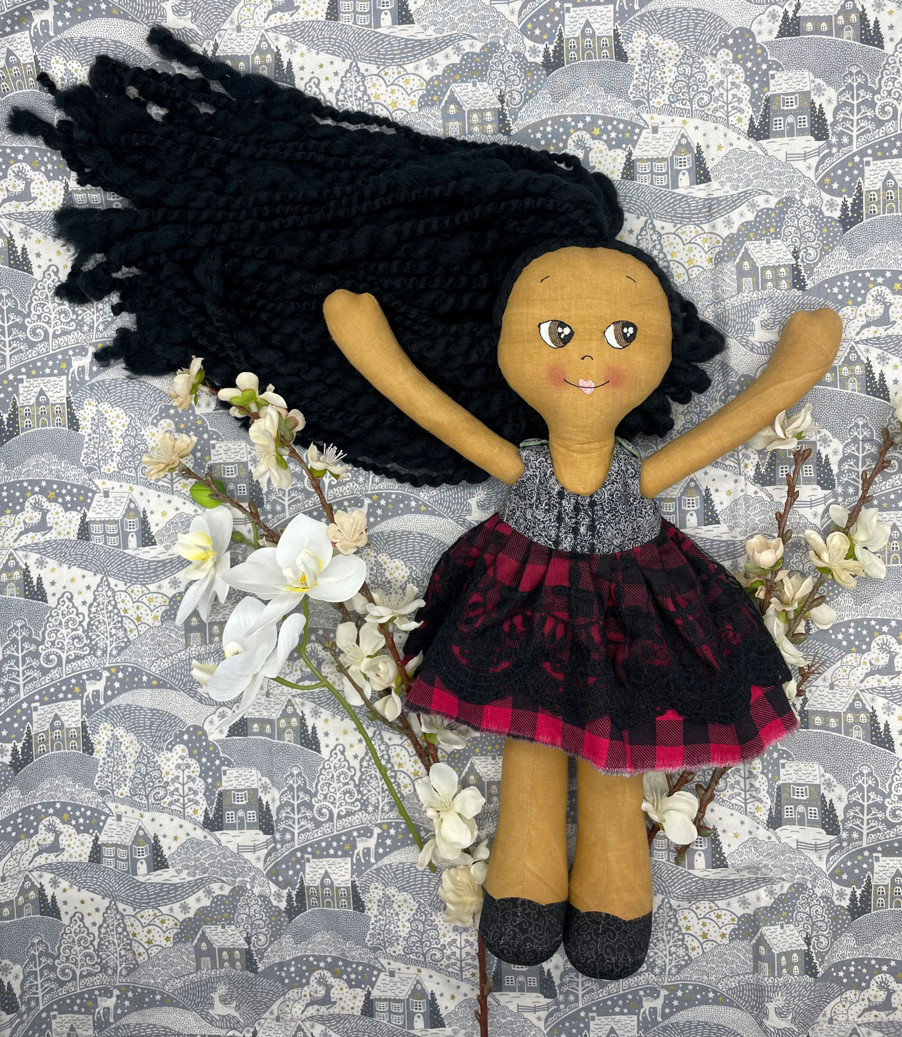 REVERSIBLE DRESS, Handmade Doll, "NOEL", handmade gift, cloth, fabric doll, black doll, diverse doll, heirloom doll, Brown Muslin, holiday