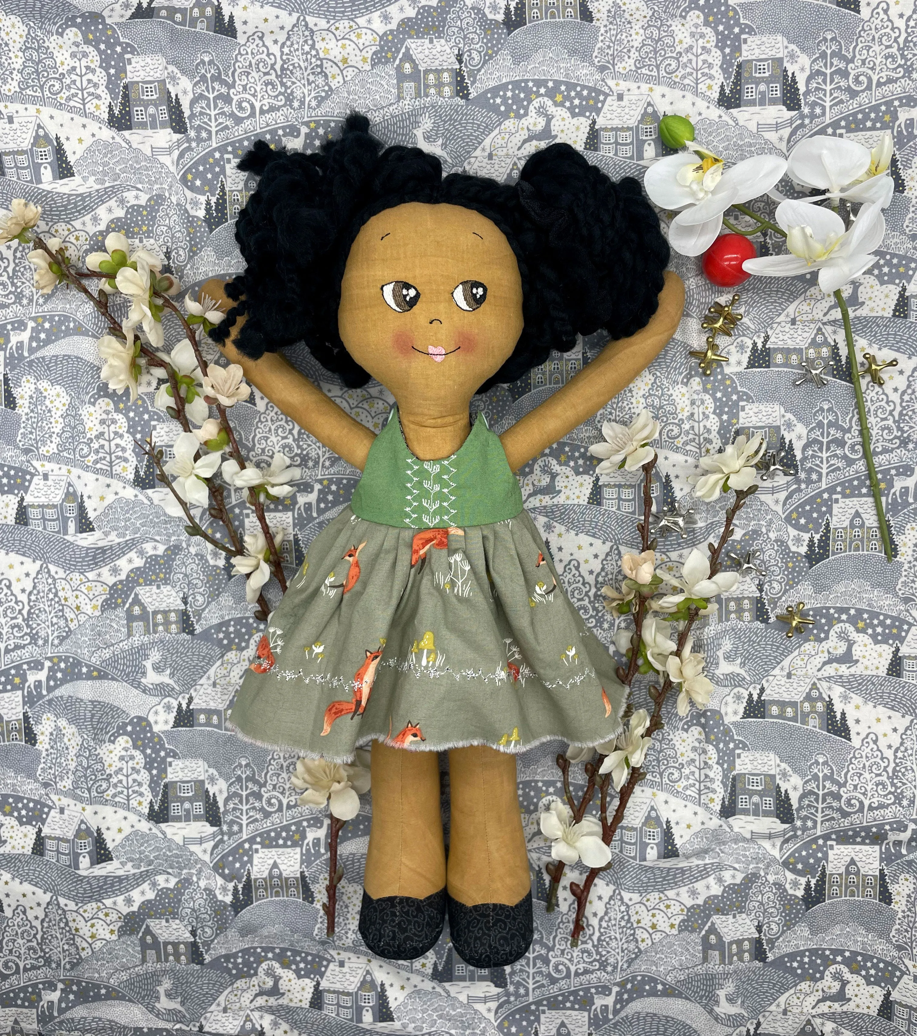 REVERSIBLE DRESS, Handmade Doll, "NOEL", handmade gift, cloth, fabric doll, black doll, diverse doll, heirloom doll, Brown Muslin, holiday