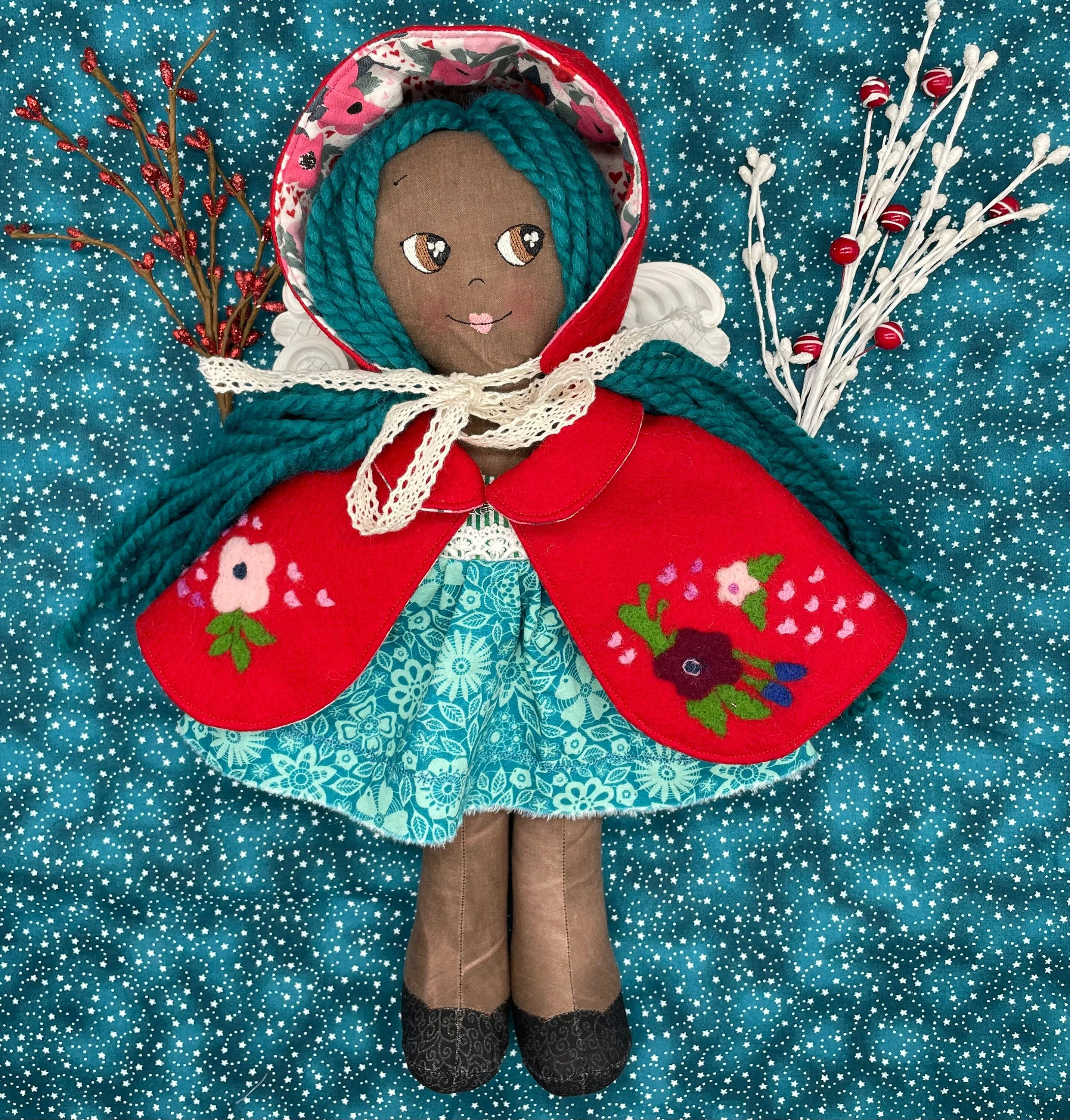REVERSIBLE DRESS, Handmade Doll, "ORLA", handmade gift, cloth doll, fabric doll, black doll, diverse doll, heirloom doll, Brown Muslin, teal