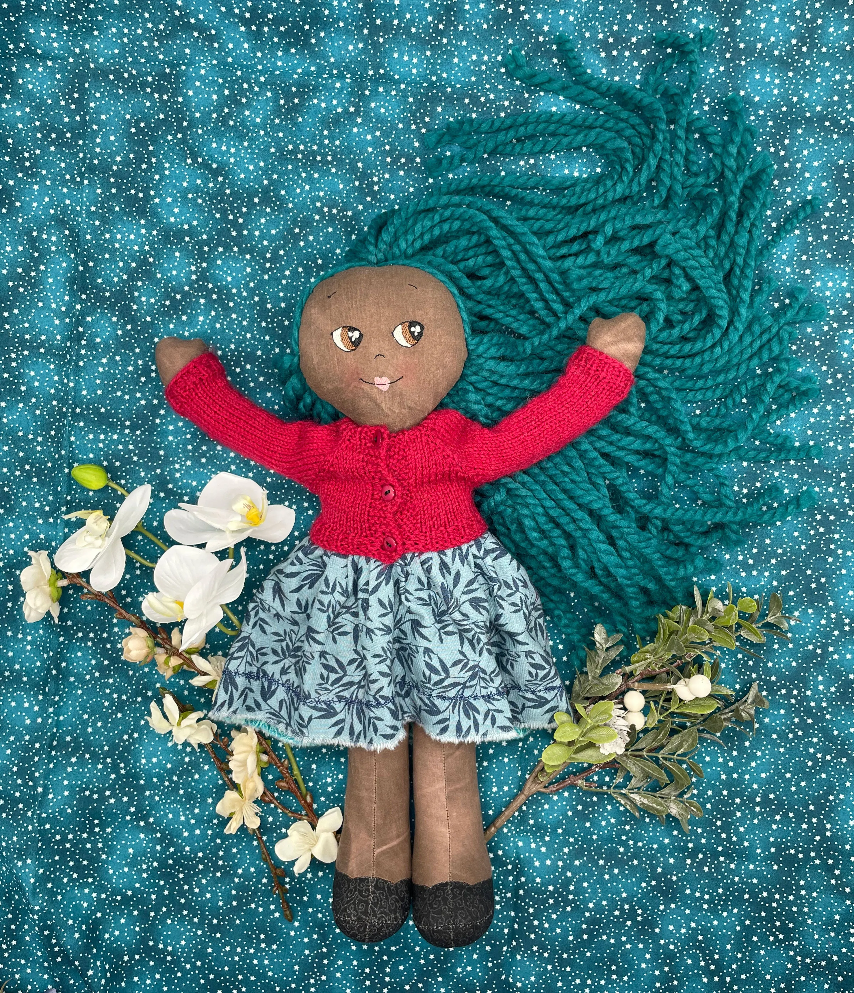 REVERSIBLE DRESS, Handmade Doll, "ORLA", handmade gift, cloth doll, fabric doll, black doll, diverse doll, heirloom doll, Brown Muslin, teal