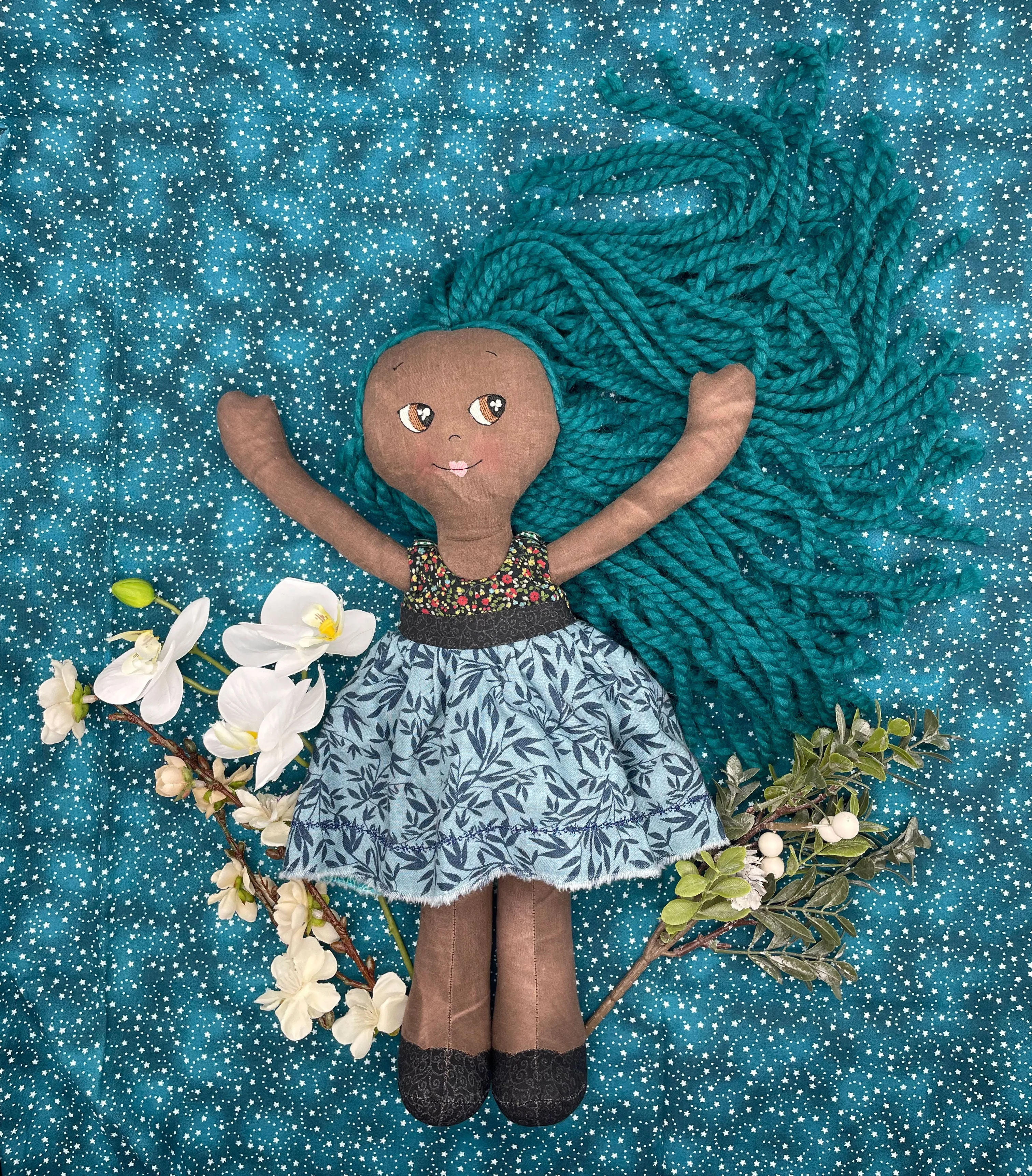 REVERSIBLE DRESS, Handmade Doll, "ORLA", handmade gift, cloth doll, fabric doll, black doll, diverse doll, heirloom doll, Brown Muslin, teal