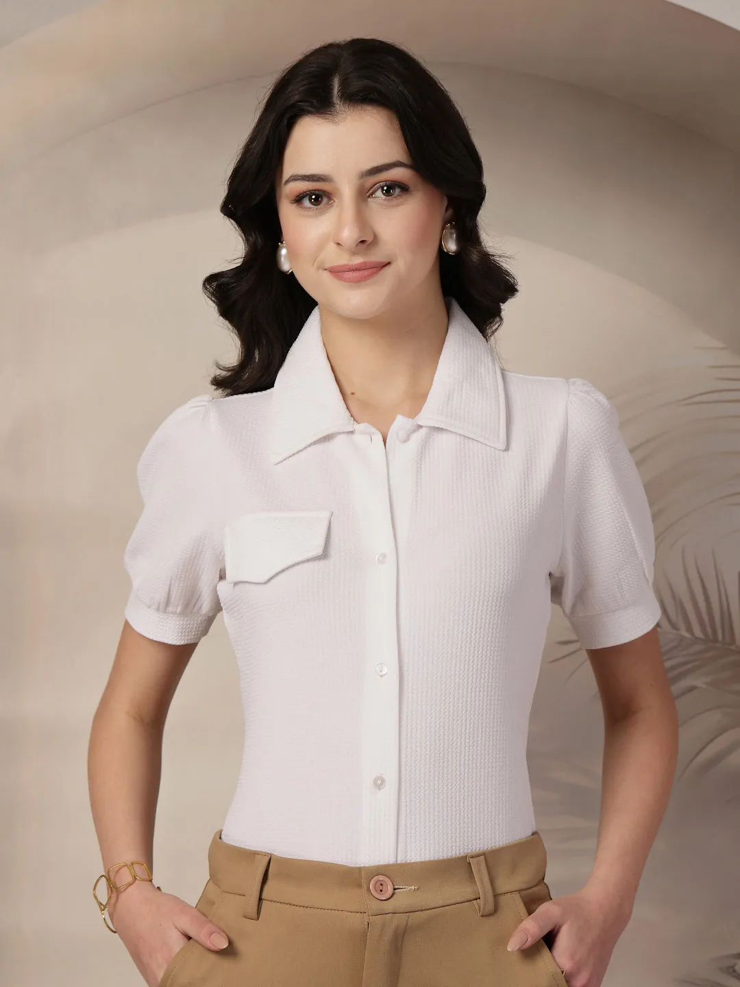 Style Quotient Women Texture White Formal Shirt Style Top